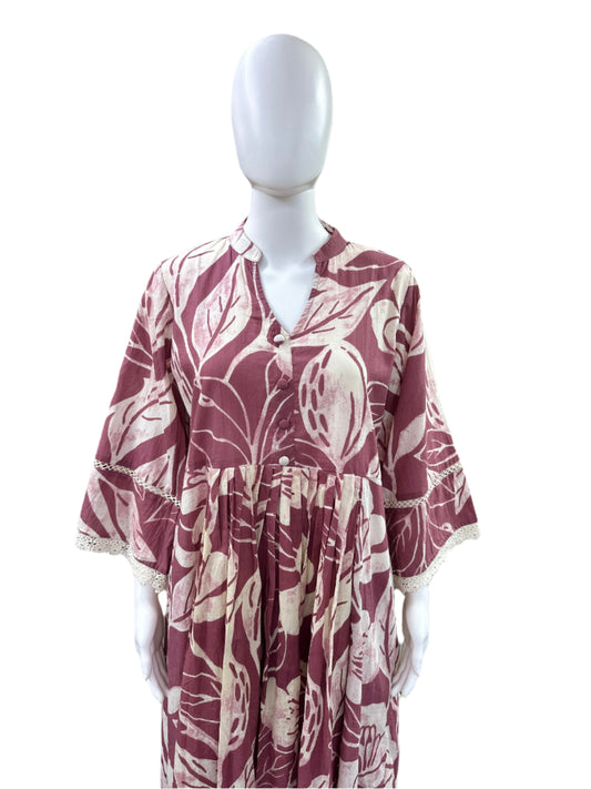 Breathable Cotton 2-Piece Ensemble - Romantic Floral Round Top with Delicate Lace Details in Warm Onion