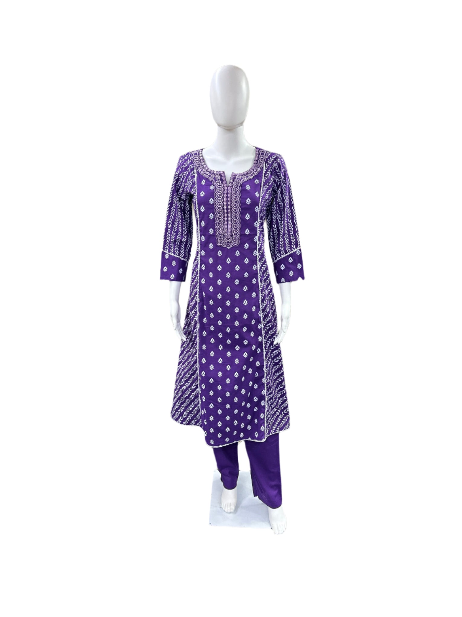 Premium Cotton 3-Piece Set - A-Line Top with Embroidered Neck & Lacework, Straight Pants & Printed Dupatta - Regal Purple