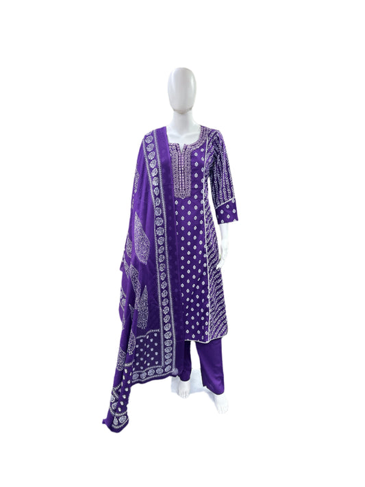 Premium Cotton 3-Piece Set - A-Line Top with Embroidered Neck & Lacework, Straight Pants & Printed Dupatta - Regal Purple