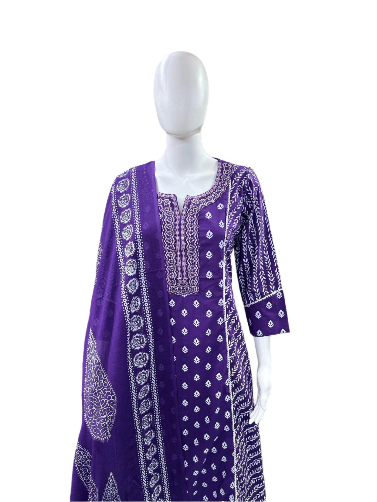 Premium Cotton 3-Piece Set - A-Line Top with Embroidered Neck & Lacework, Straight Pants & Printed Dupatta - Regal Purple