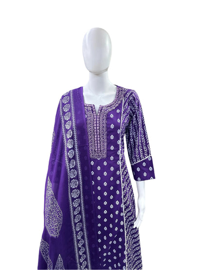Premium Cotton 3-Piece Set - A-Line Top with Embroidered Neck & Lacework, Straight Pants & Printed Dupatta - Regal Purple