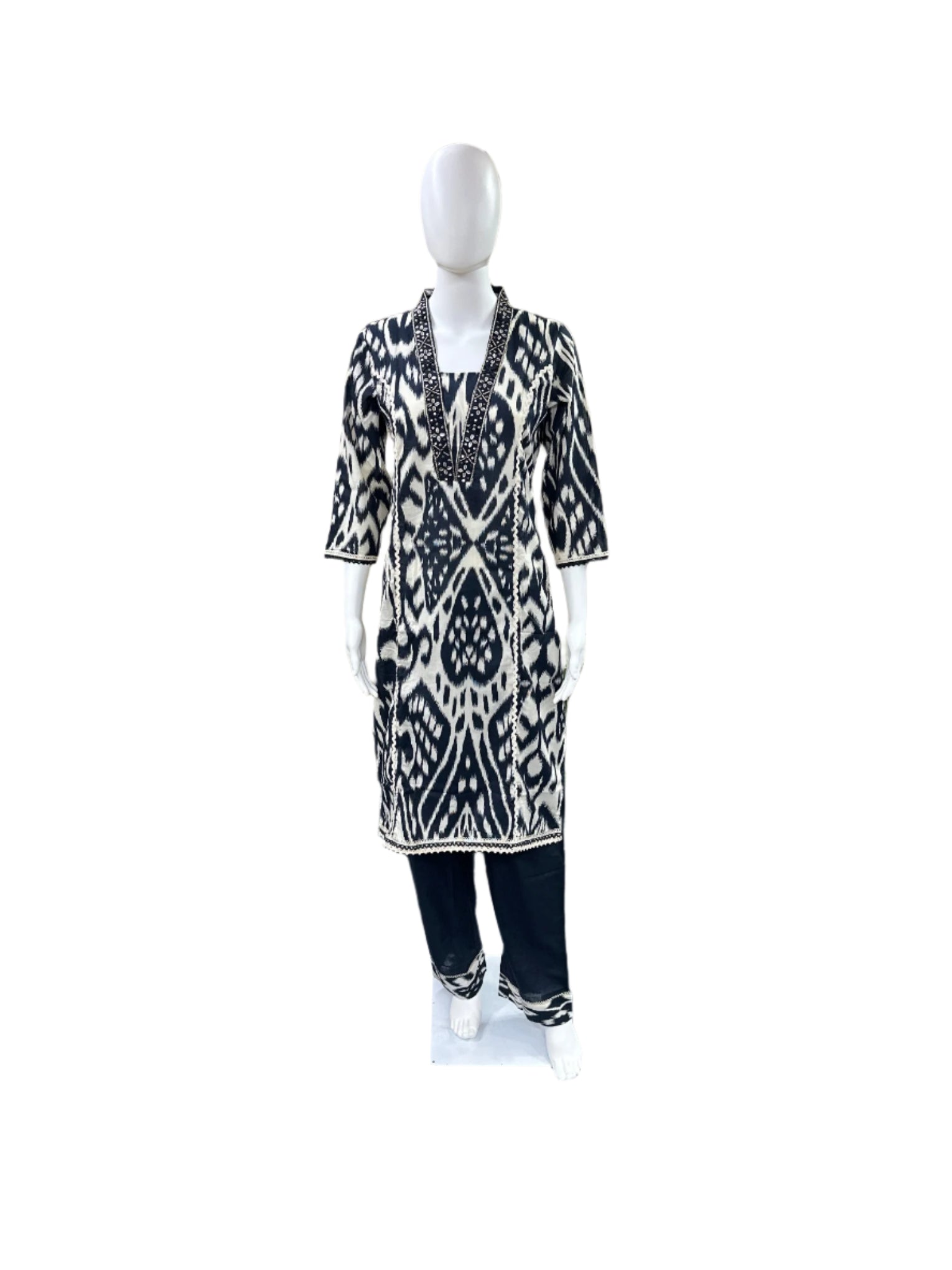 Premium Cotton 3-Piece Set - Princess Cut Top with Lace on Yoke & Hemline, Loose Pants & Dupatta - Elegant Black & Beige