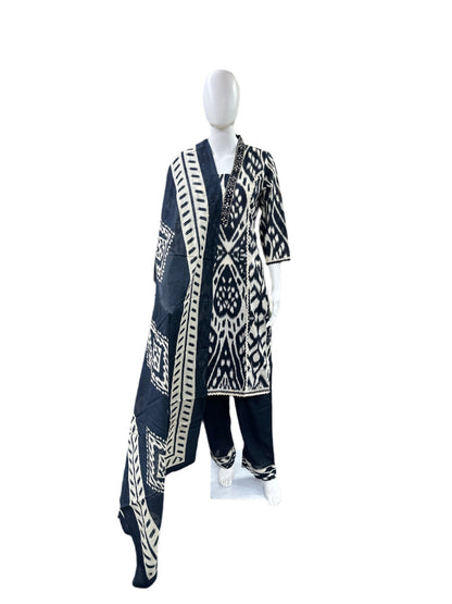 Premium Cotton 3-Piece Set - Princess Cut Top with Lace on Yoke & Hemline, Loose Pants & Dupatta - Elegant Black & Beige