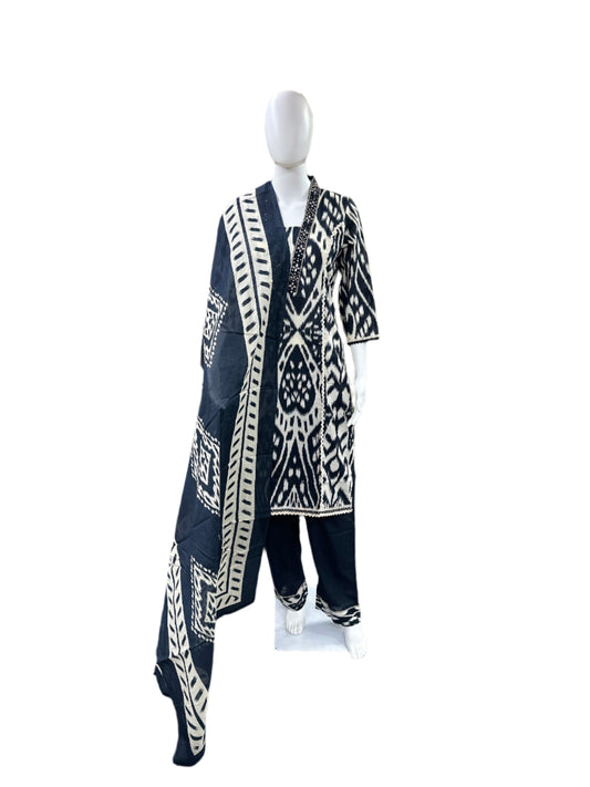 Premium Cotton 3-Piece Set - Princess Cut Top with Lace on Yoke & Hemline, Loose Pants & Dupatta - Elegant Black & Beige