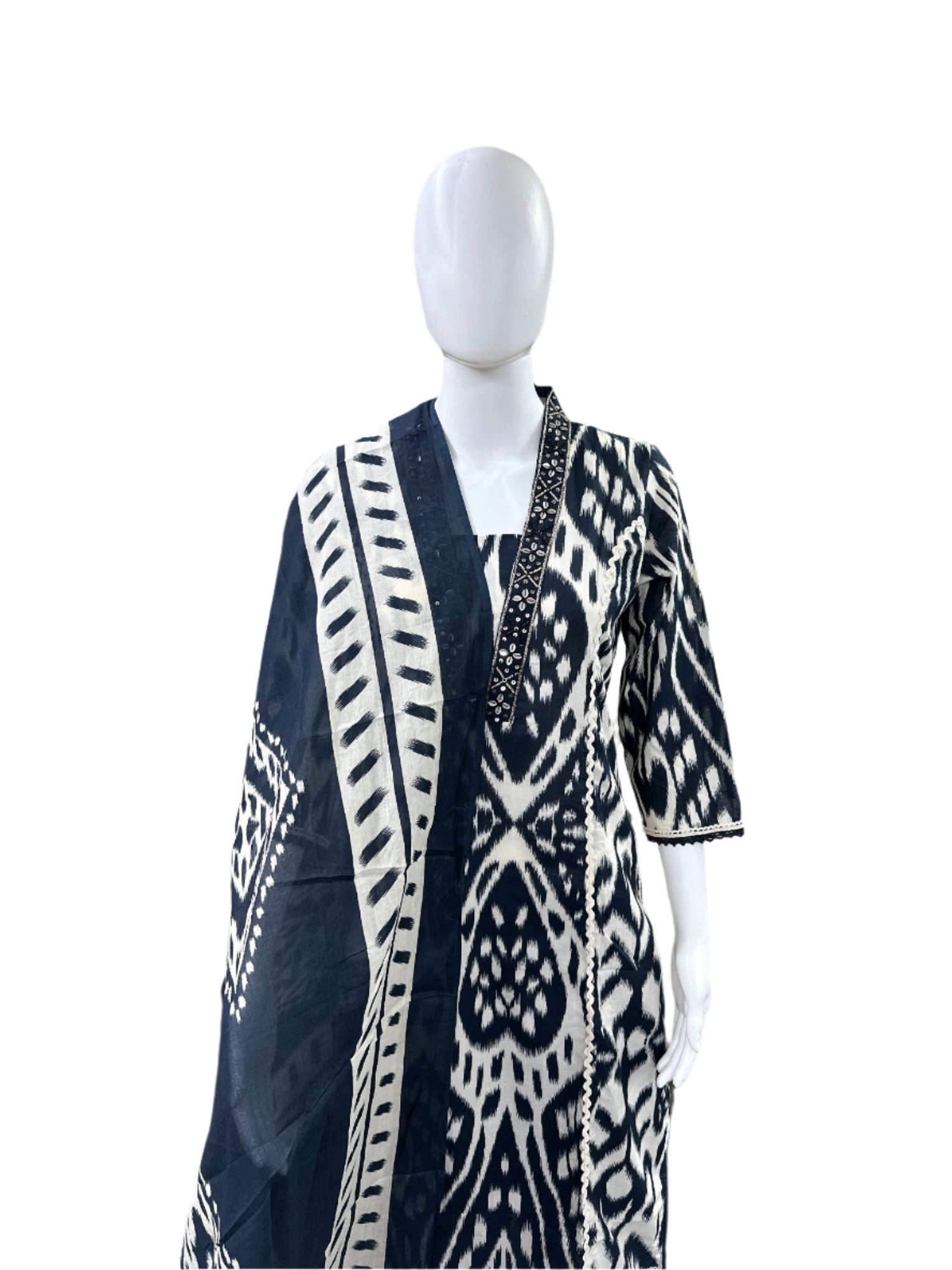 Premium Cotton 3-Piece Set - Princess Cut Top with Lace on Yoke & Hemline, Loose Pants & Dupatta - Elegant Black & Beige