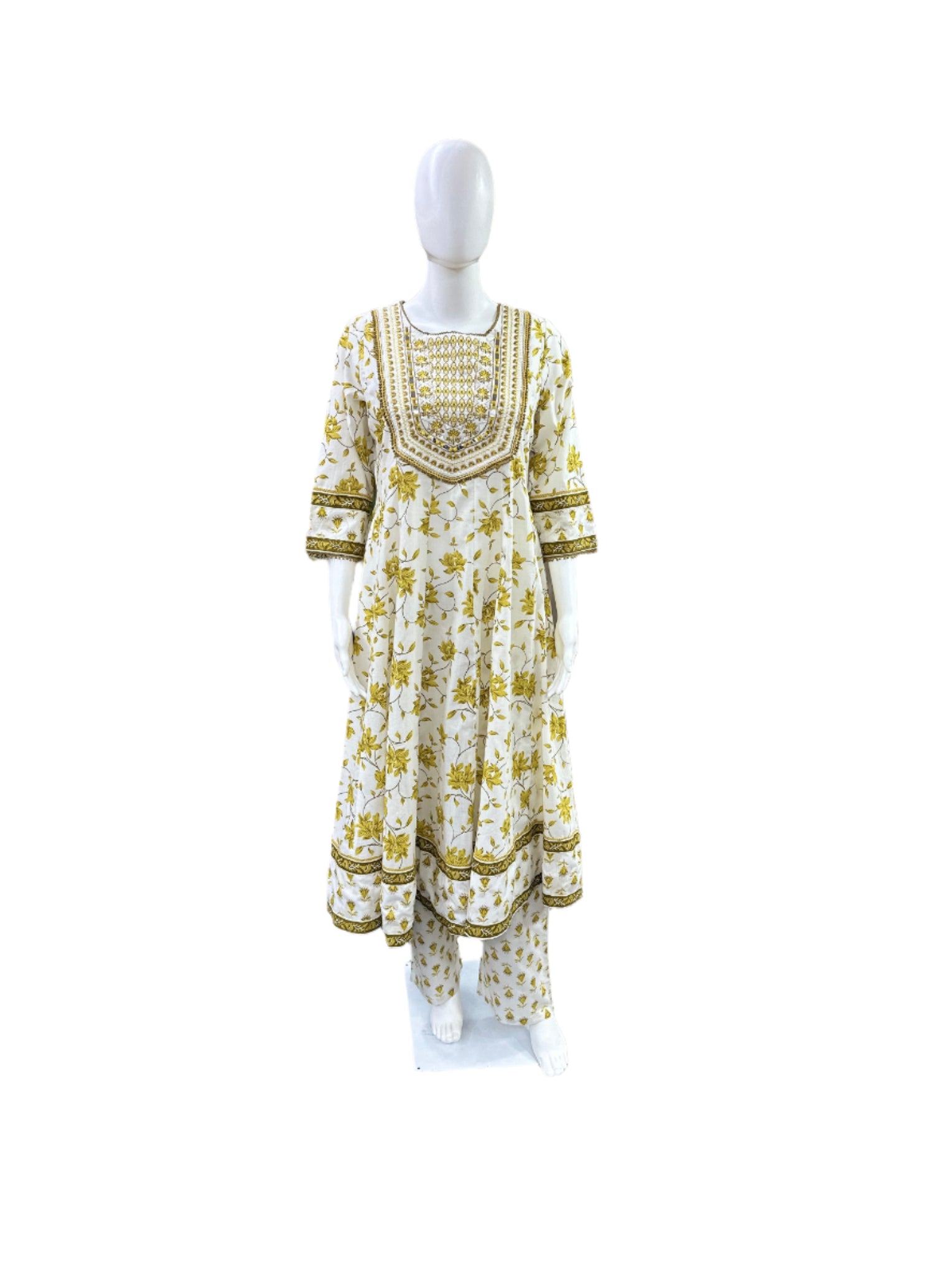 Cotton 3-Piece Set - Floral Anarkali Top with Thread Embroidery & Lace on Yoke & Sleeves, Straight Pants & Printed Floral Dupatta - Elegant White & Mustard