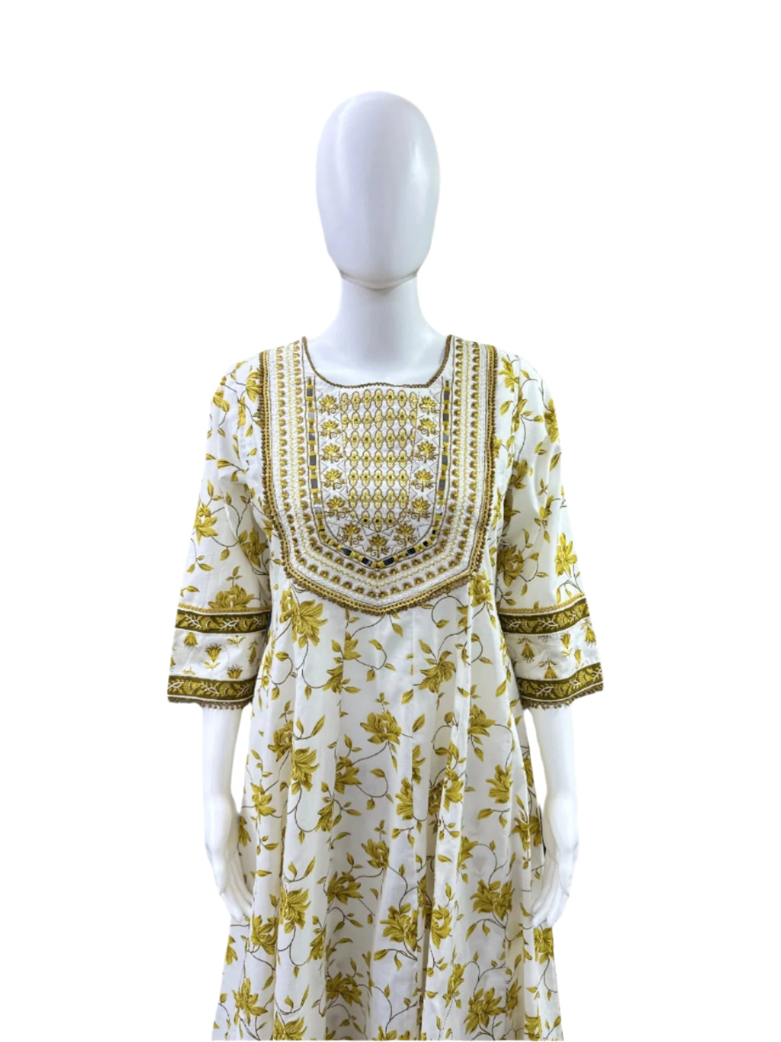 Cotton 3-Piece Set - Floral Anarkali Top with Thread Embroidery & Lace on Yoke & Sleeves, Straight Pants & Printed Floral Dupatta - Elegant White & Mustard