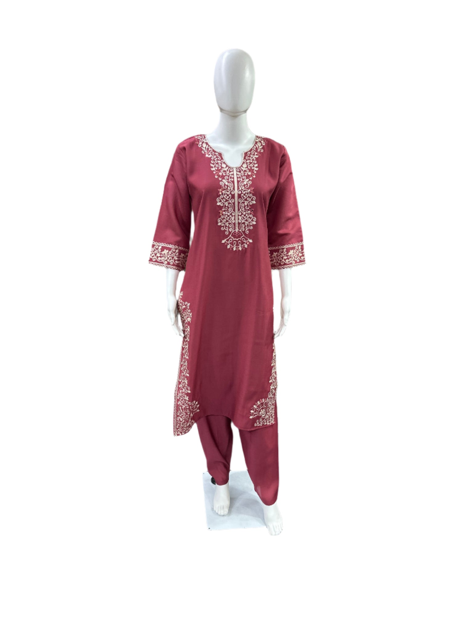 Premium Roman Silk 3-Piece Set - Straight Top (with Lining) with Mirror Work & Thread Embroidery on Yoke, Sleeves, Back & Hemline, Straight Pants & Thread Embroidered Dupatta - Elegant Mauve