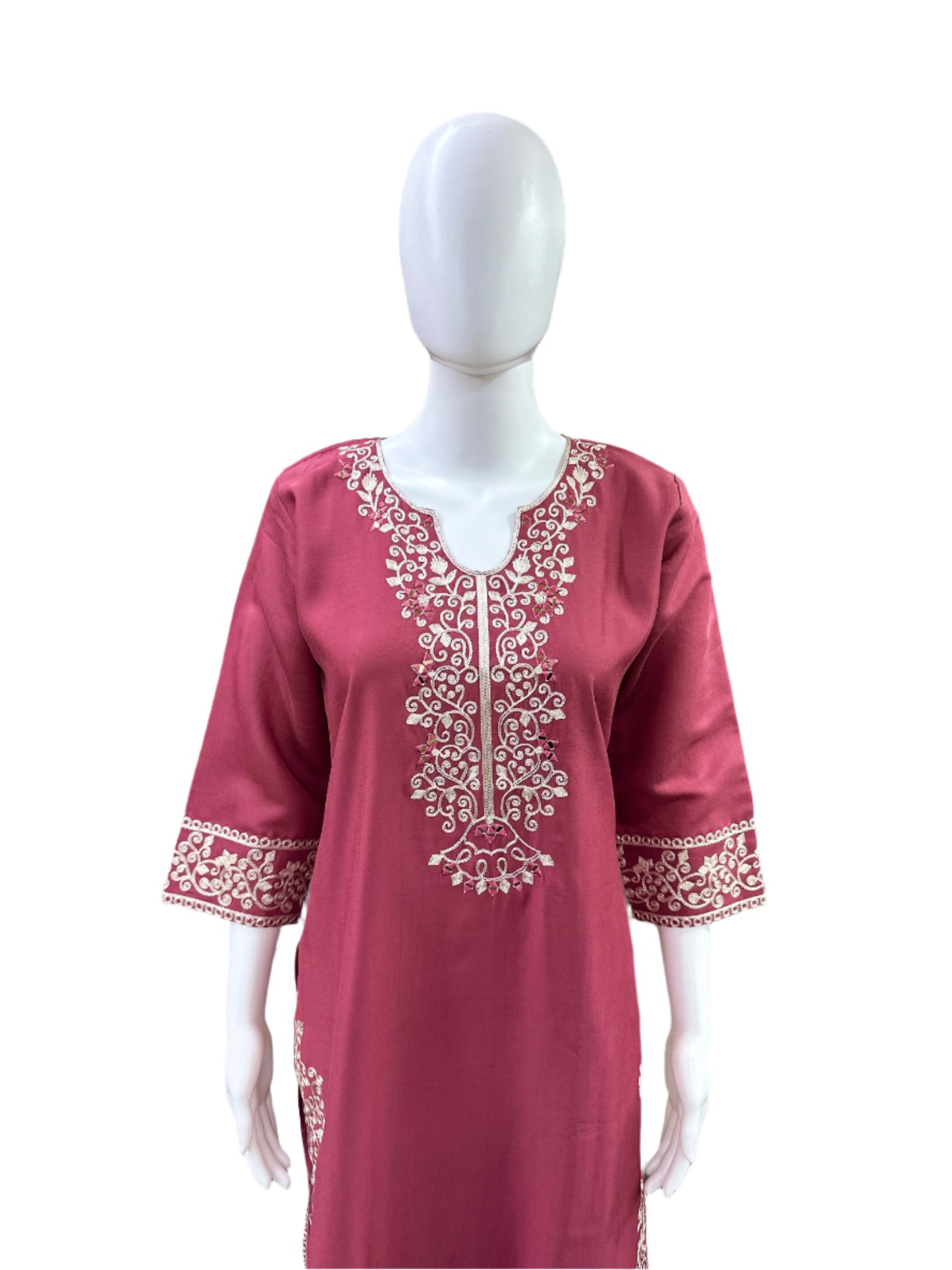 Premium Roman Silk 3-Piece Set - Straight Top (with Lining) with Mirror Work & Thread Embroidery on Yoke, Sleeves, Back & Hemline, Straight Pants & Thread Embroidered Dupatta - Elegant Mauve