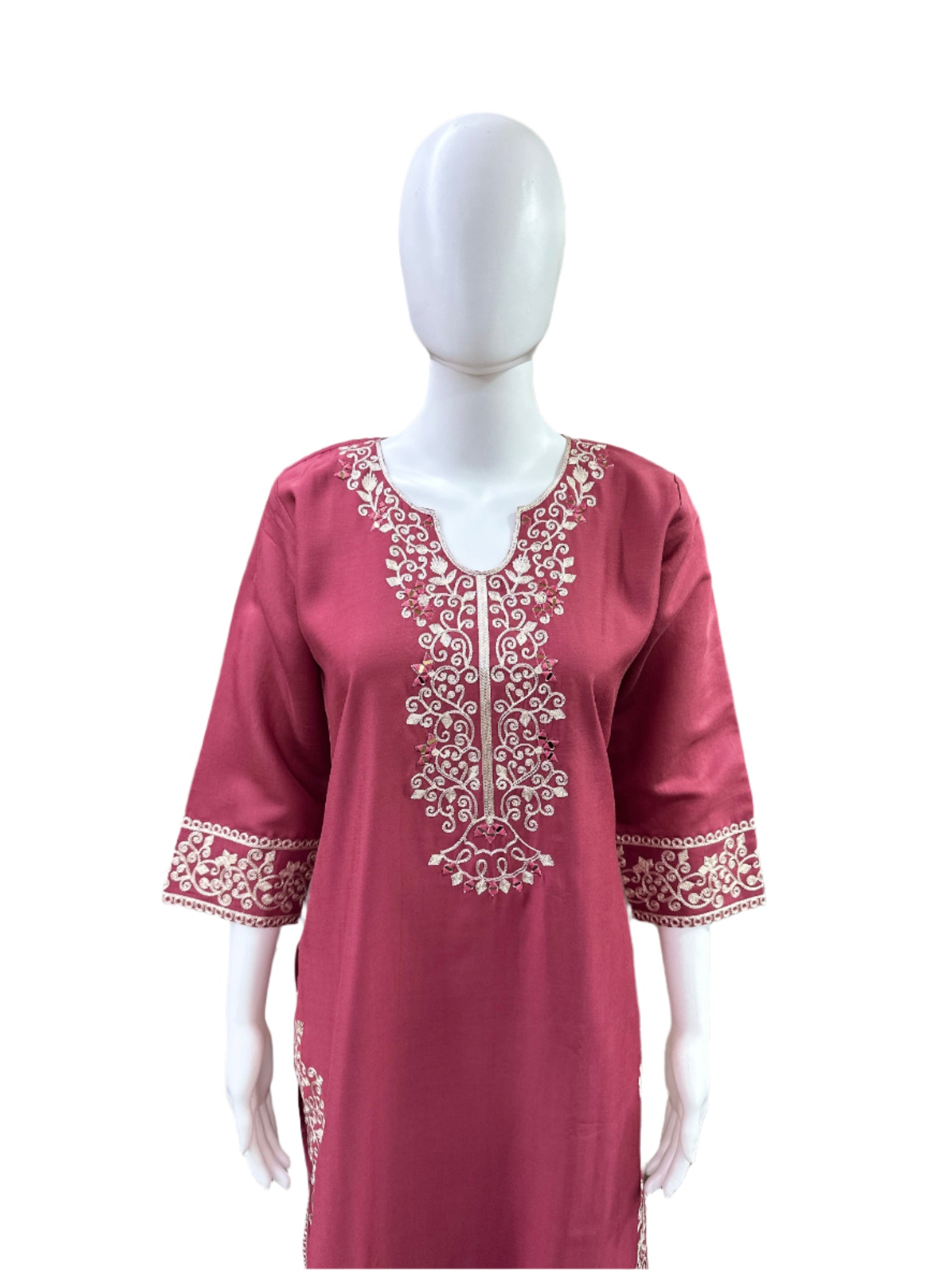 Premium Roman Silk 3-Piece Set - Straight Top (with Lining) with Mirror Work & Thread Embroidery on Yoke, Sleeves, Back & Hemline, Straight Pants & Thread Embroidered Dupatta - Elegant Mauve