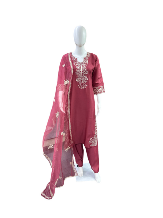 Premium Roman Silk 3-Piece Set - Straight Top (with Lining) with Mirror Work & Thread Embroidery on Yoke, Sleeves, Back & Hemline, Straight Pants & Thread Embroidered Dupatta - Elegant Mauve