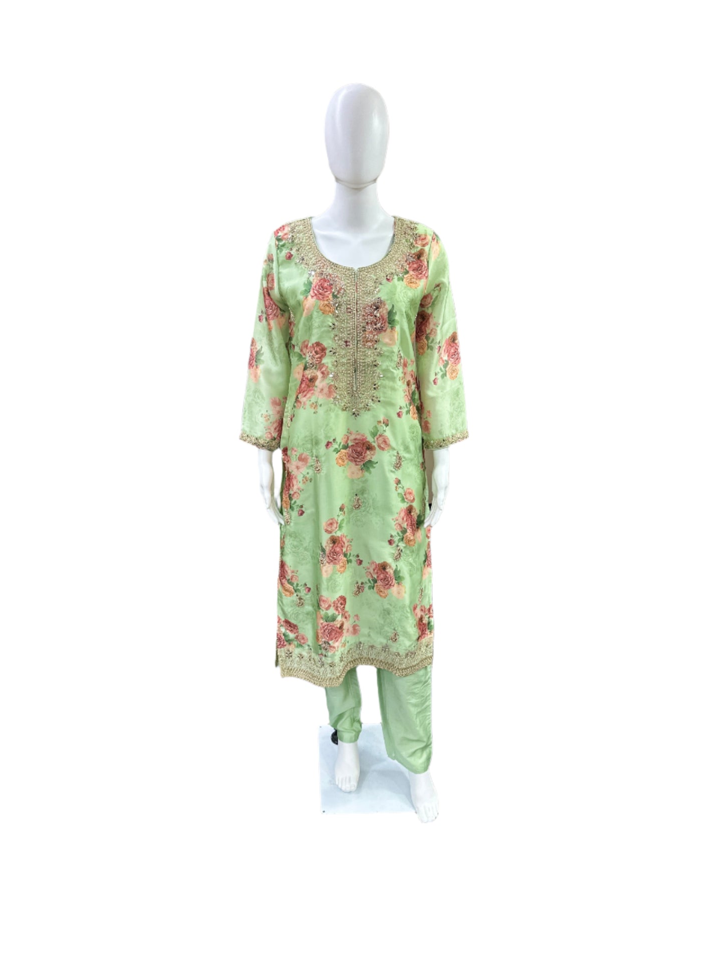 Premium Roman Silk 3-Piece Set - Floral Straight Top with Heavy Work on Yoke & Lining, Straight Pants & Heavy Dupatta - Fresh Pista