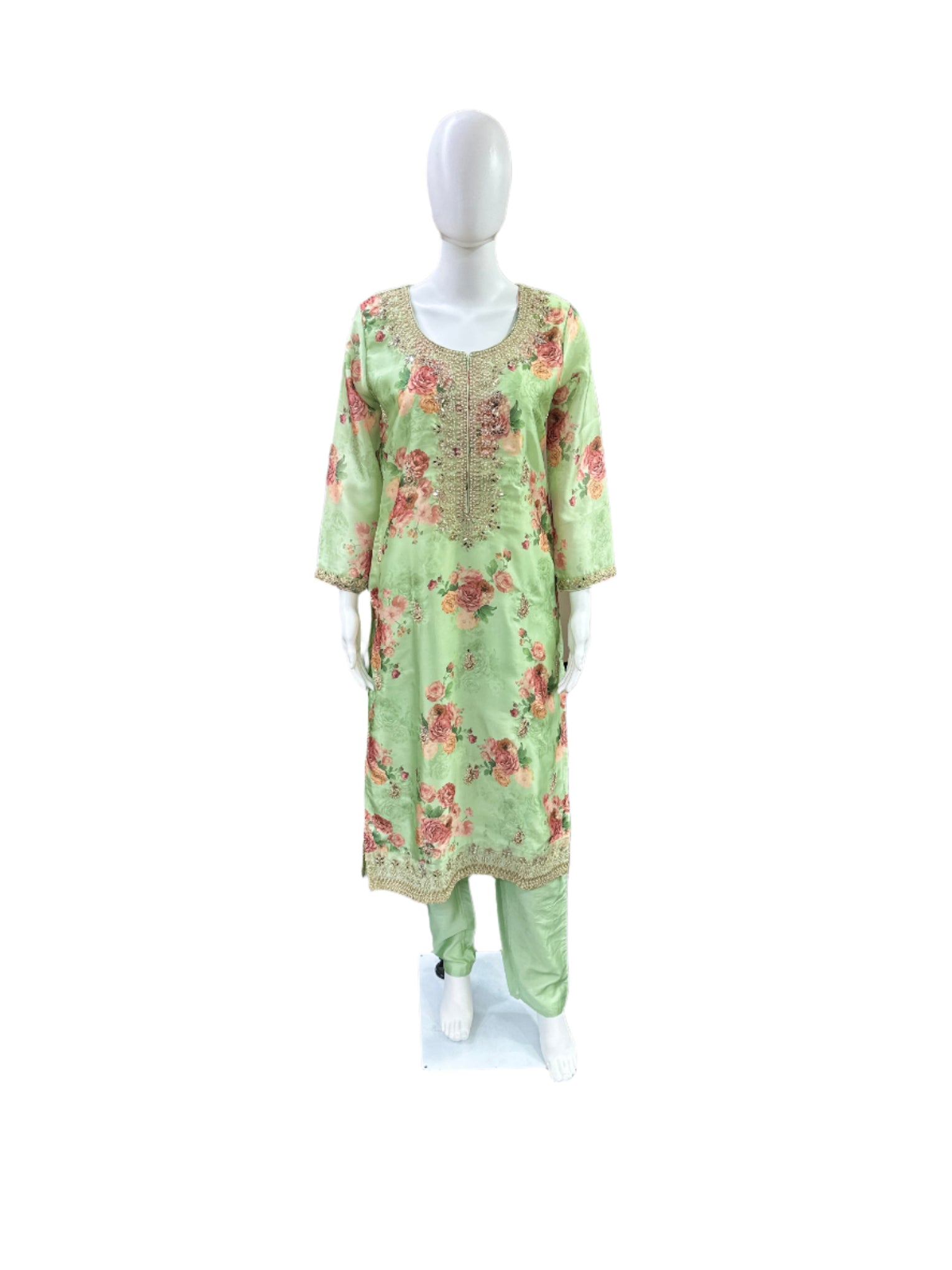 Premium Roman Silk 3-Piece Set - Floral Straight Top with Heavy Work on Yoke & Lining, Straight Pants & Heavy Dupatta - Fresh Pista