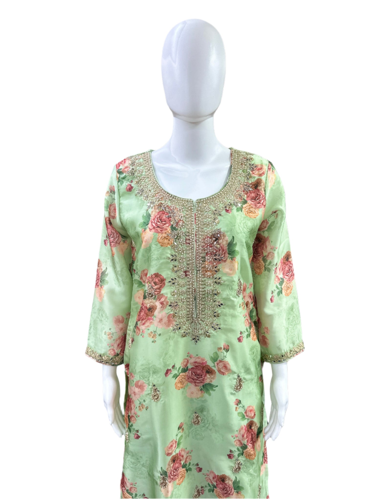 Premium Roman Silk 3-Piece Set - Floral Straight Top with Heavy Work on Yoke & Lining, Straight Pants & Heavy Dupatta - Fresh Pista