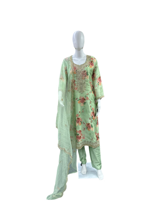 Premium Roman Silk 3-Piece Set - Floral Straight Top with Heavy Work on Yoke & Lining, Straight Pants & Heavy Dupatta - Fresh Pista