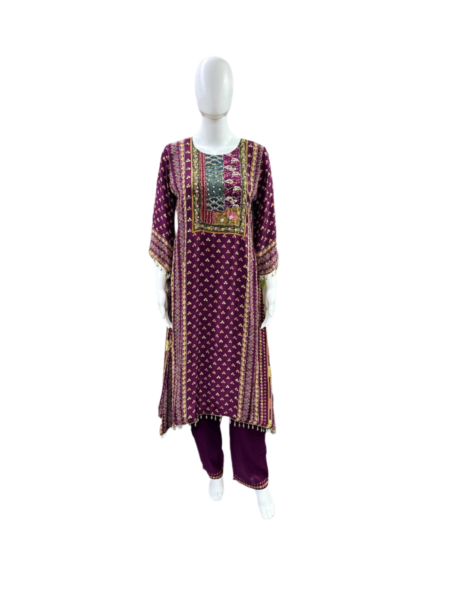 Premium Crepe 3-Piece Set - A-Line Top with Mirror Work on Yoke, Tassels on Sleeves & Hemline with Lining, Straight Pants & Dupatta - Regal Purple