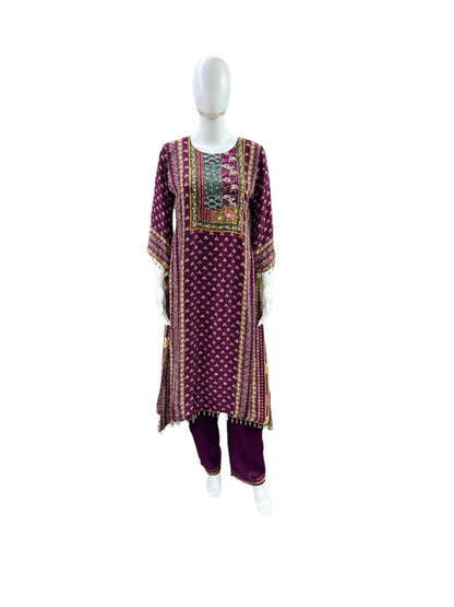 Premium Crepe 3-Piece Set - A-Line Top with Mirror Work on Yoke, Tassels on Sleeves & Hemline with Lining, Straight Pants & Dupatta - Regal Purple