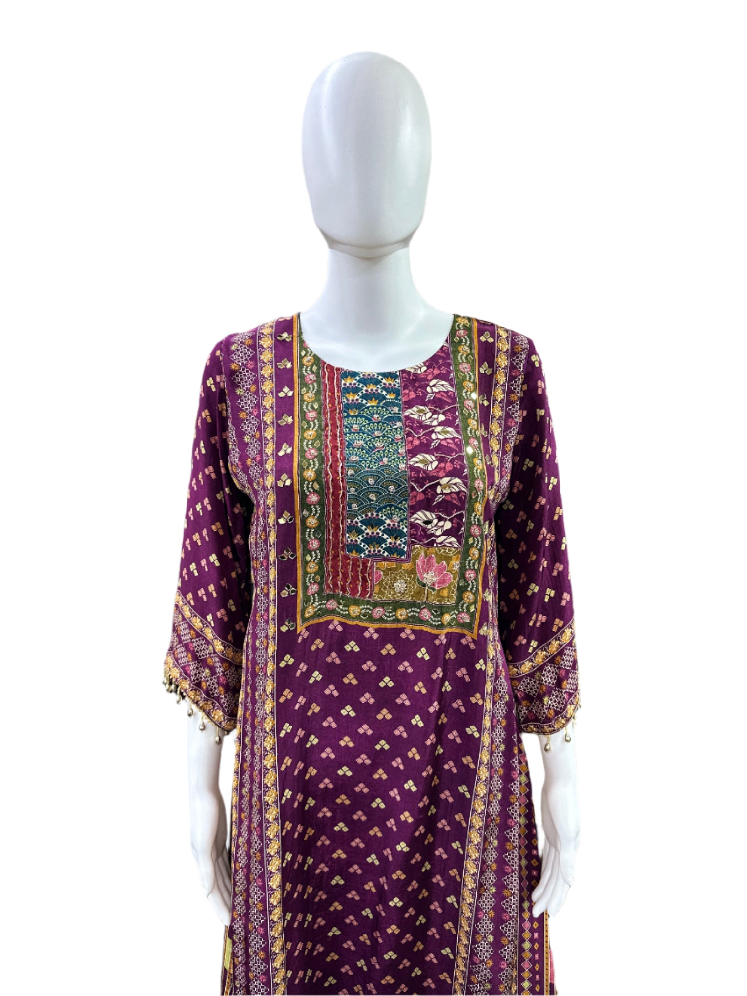 Premium Crepe 3-Piece Set - A-Line Top with Mirror Work on Yoke, Tassels on Sleeves & Hemline with Lining, Straight Pants & Dupatta - Regal Purple