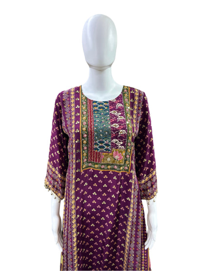 Premium Crepe 3-Piece Set - A-Line Top with Mirror Work on Yoke, Tassels on Sleeves & Hemline with Lining, Straight Pants & Dupatta - Regal Purple