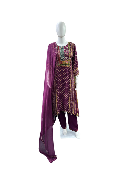 Premium Crepe 3-Piece Set - A-Line Top with Mirror Work on Yoke, Tassels on Sleeves & Hemline with Lining, Straight Pants & Dupatta - Regal Purple