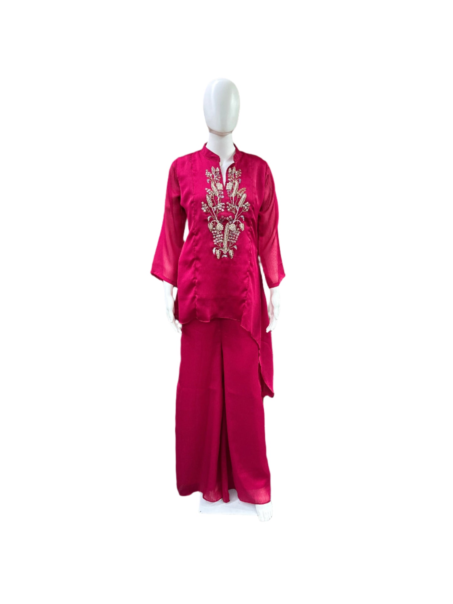 Premium Chiffon 2-Piece Co-Ord Set - Indo Western Top with Heavy Work on Yoke & Flowing Palazzo Pants - Vibrant Magenta Pink