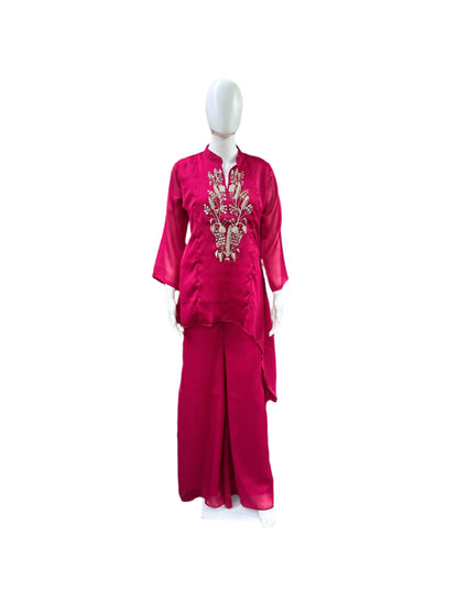 Premium Chiffon 2-Piece Co-Ord Set - Indo Western Top with Heavy Work on Yoke & Flowing Palazzo Pants - Vibrant Magenta Pink