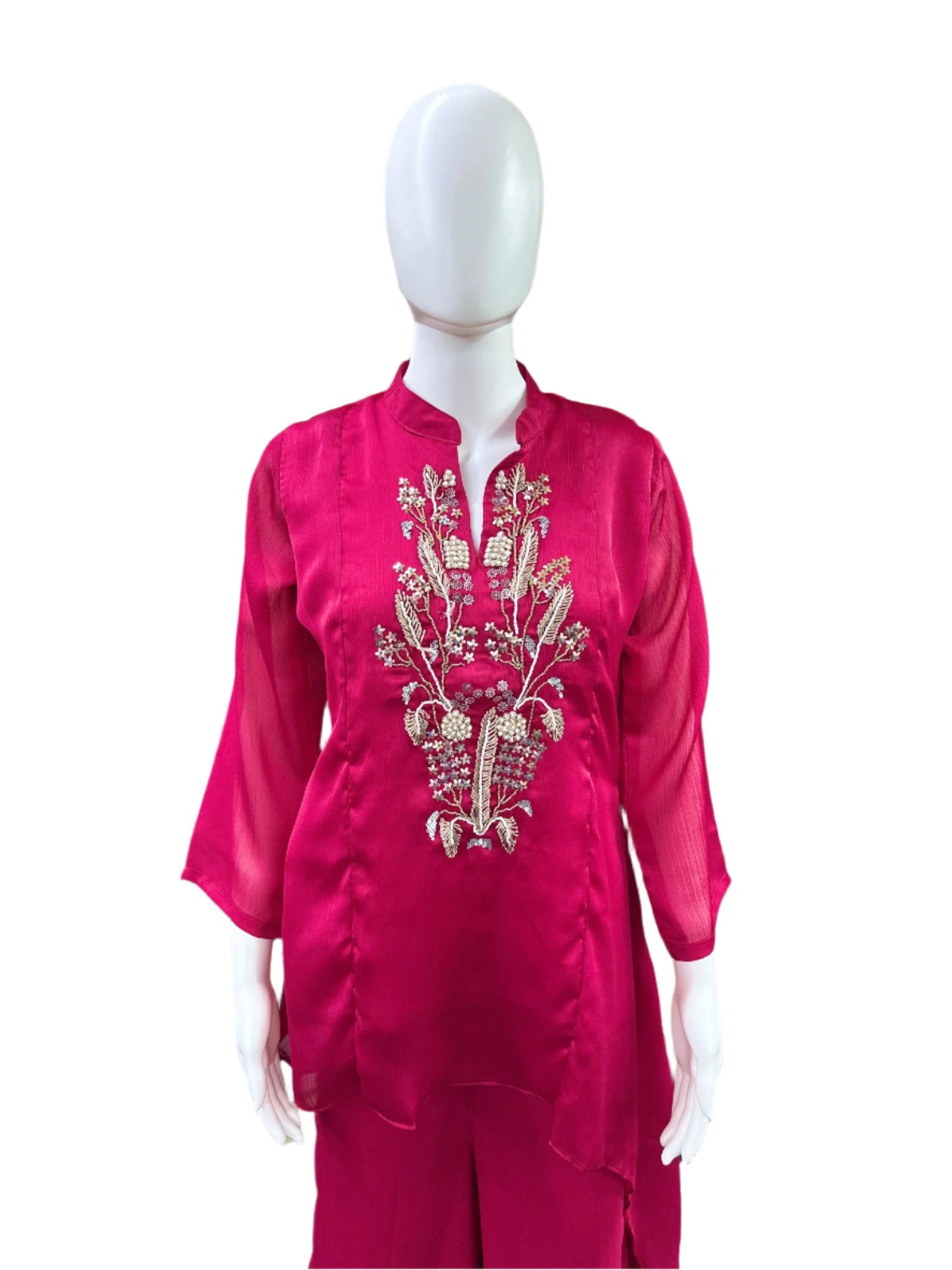 Premium Chiffon 2-Piece Co-Ord Set - Indo Western Top with Heavy Work on Yoke & Flowing Palazzo Pants - Vibrant Magenta Pink