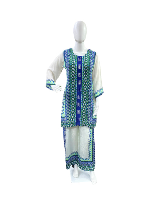 Crepe Co-Ord Set - Printed Top with Lining & Cutdana Work, Flowing Palazzo Pants - Elegant Off White & Blue