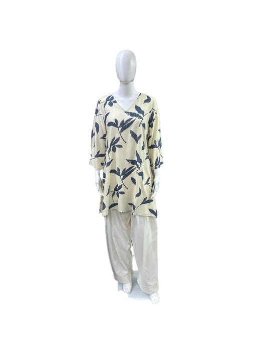 Cotton 2-Piece Set - Floral A-Line Short Top with Bell Sleeves & Traditional Farshi Salwar - Elegant Off White/Grey