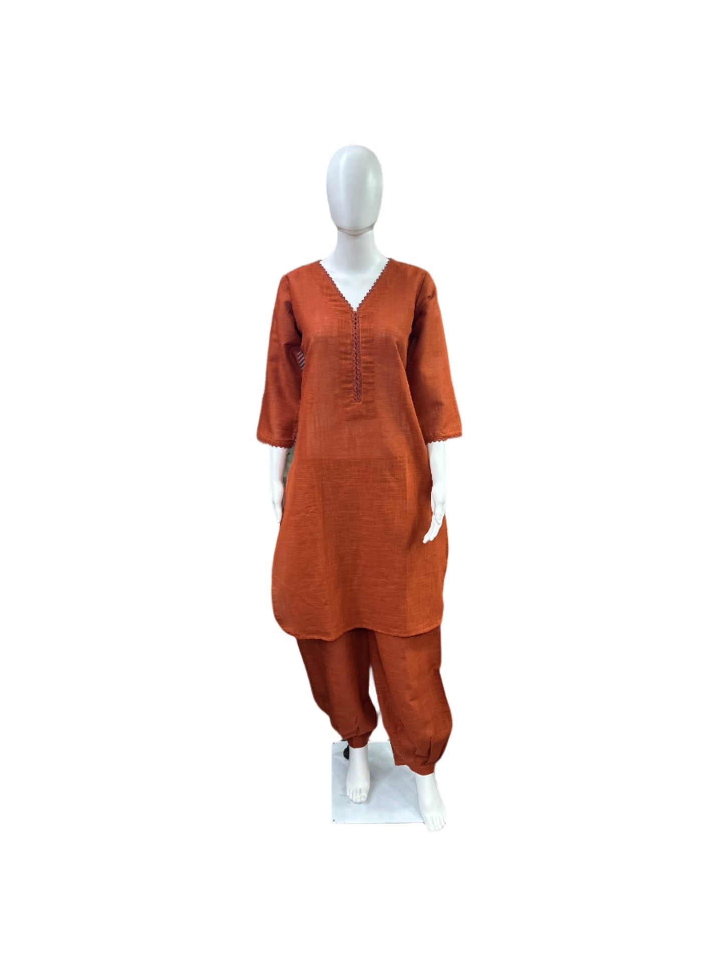 Slub Cotton 2-Piece Set - Apple Cut Top with Lace on Yoke & Traditional Afghani Salwar - Earthy Rust