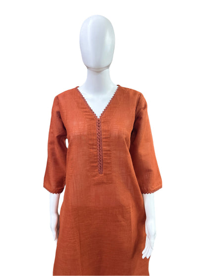Slub Cotton 2-Piece Set - Apple Cut Top with Lace on Yoke & Traditional Afghani Salwar - Earthy Rust