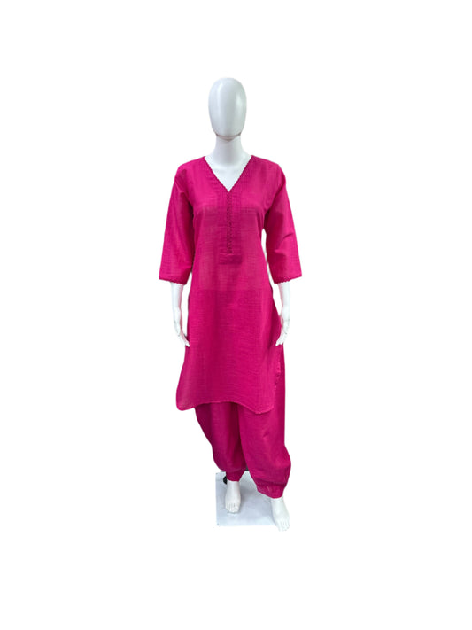 Slub Cotton 2-Piece Set - Apple Cut Top with Lace on Yoke & Traditional Afghani Salwar - Feminine Pink