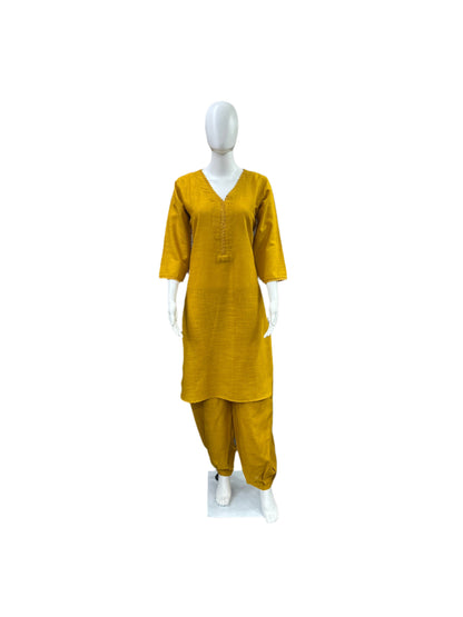 Slub Cotton 2-Piece Set - Apple Cut Top with Lace on Yoke & Traditional Afghani Salwar - Vibrant Yellow