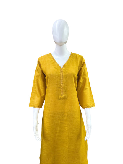 Slub Cotton 2-Piece Set - Apple Cut Top with Lace on Yoke & Traditional Afghani Salwar - Vibrant Yellow