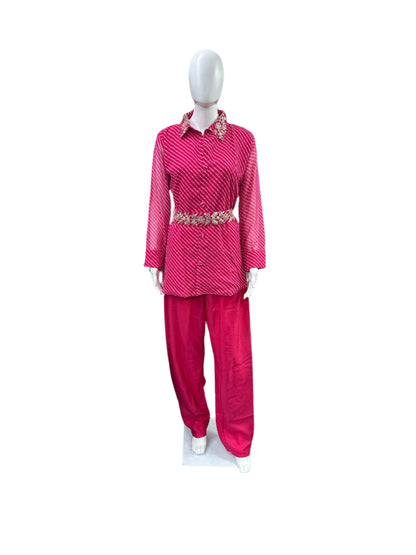 Georgette 2-Piece Set - Collar Top with Embroidery & Belt, Straight Pants - Elegant Pink
