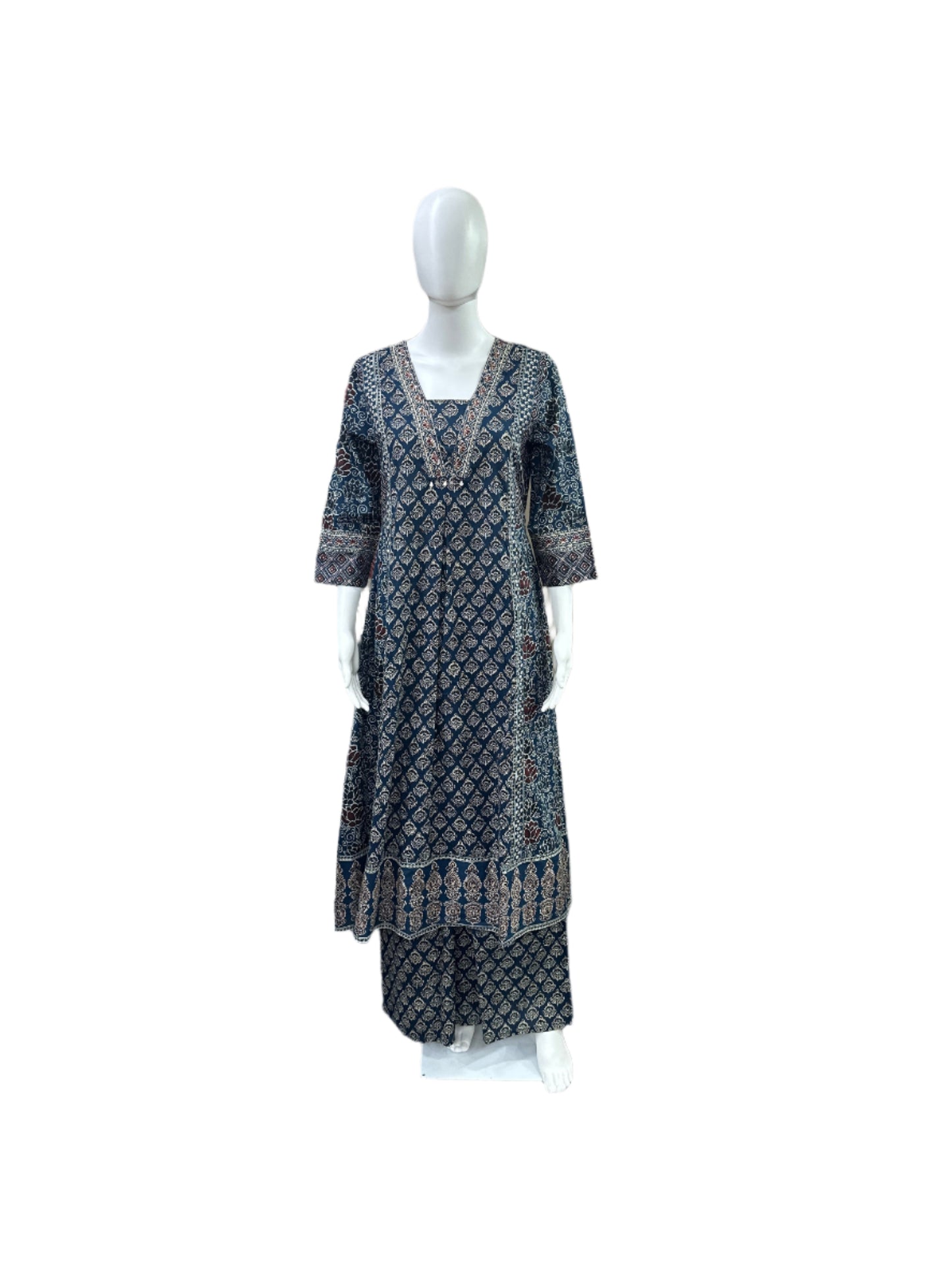 Cotton 3-Piece Set - Traditional Ajrakh Print A-Line Top, Palazzo Pants & Dupatta - Vibrant Blue