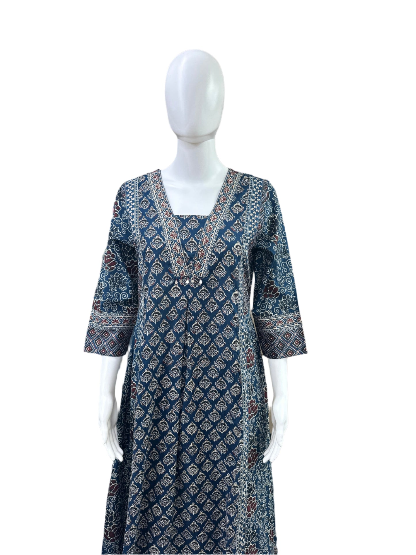 Cotton 3-Piece Set - Traditional Ajrakh Print A-Line Top, Palazzo Pants & Dupatta - Vibrant Blue