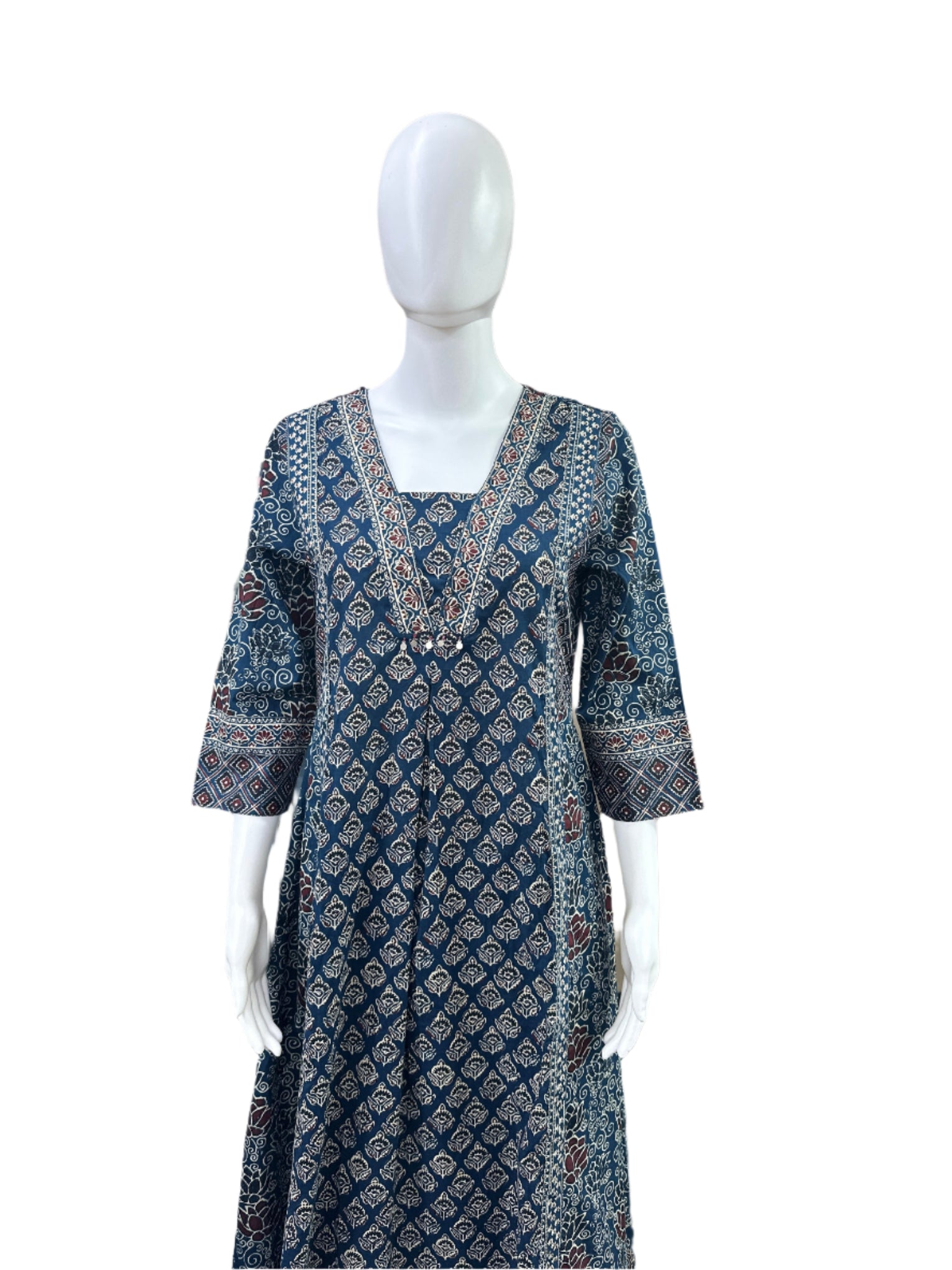 Cotton 3-Piece Set - Traditional Ajrakh Print A-Line Top, Palazzo Pants & Dupatta - Vibrant Blue