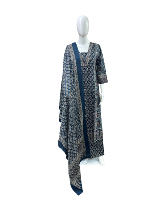 Cotton 3-Piece Set - Traditional Ajrakh Print A-Line Top, Palazzo Pants & Dupatta - Vibrant Blue