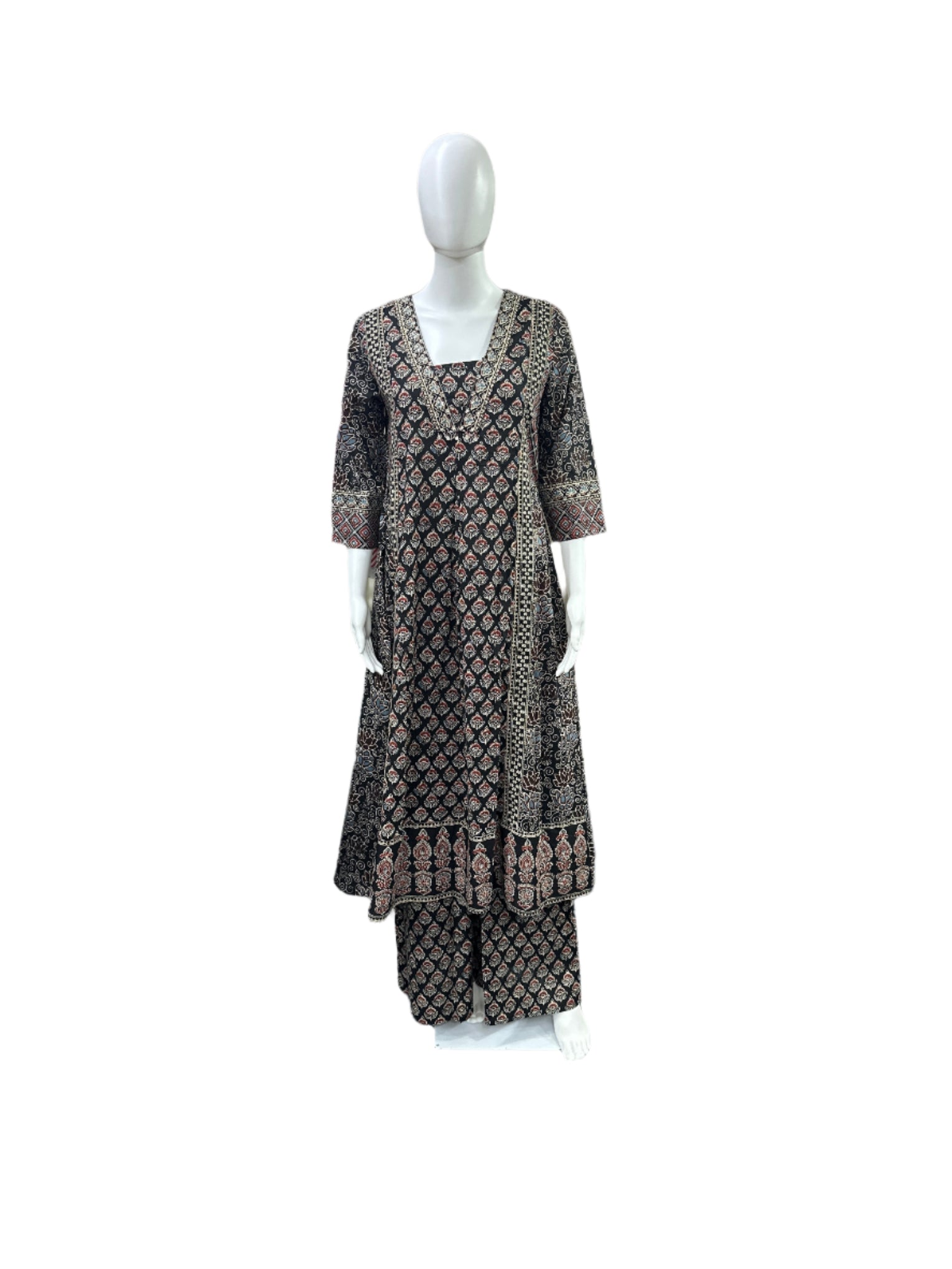 Cotton 3-Piece Set - Traditional Ajrakh Print A-Line Top, Palazzo Pants & Dupatta - Classic Black