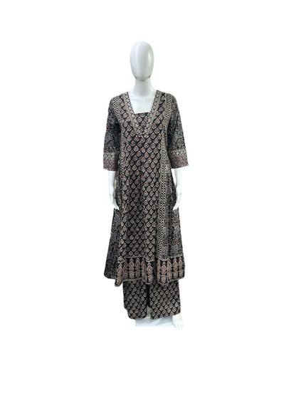 Cotton 3-Piece Set - Traditional Ajrakh Print A-Line Top, Palazzo Pants & Dupatta - Classic Black