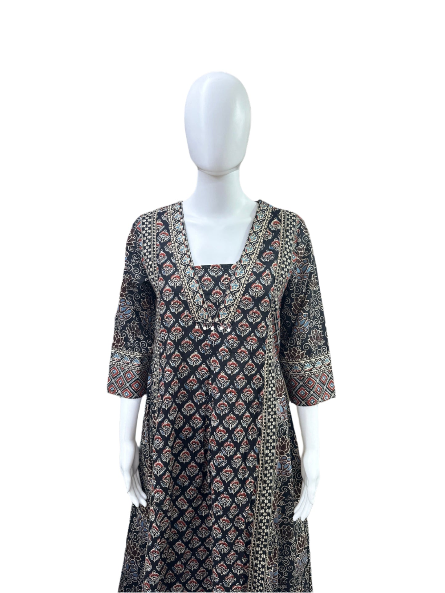 Cotton 3-Piece Set - Traditional Ajrakh Print A-Line Top, Palazzo Pants & Dupatta - Classic Black