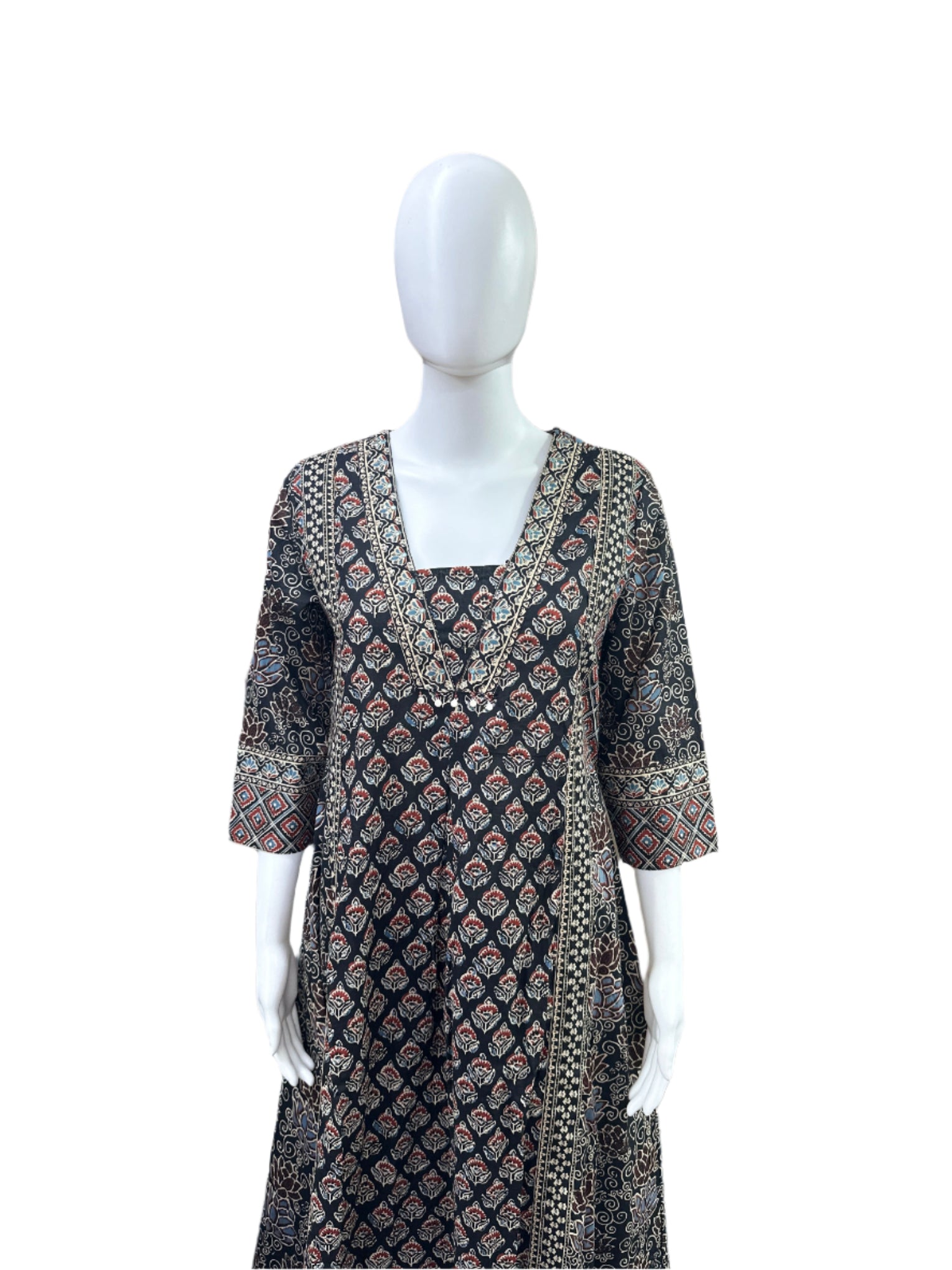 Cotton 3-Piece Set - Traditional Ajrakh Print A-Line Top, Palazzo Pants & Dupatta - Classic Black