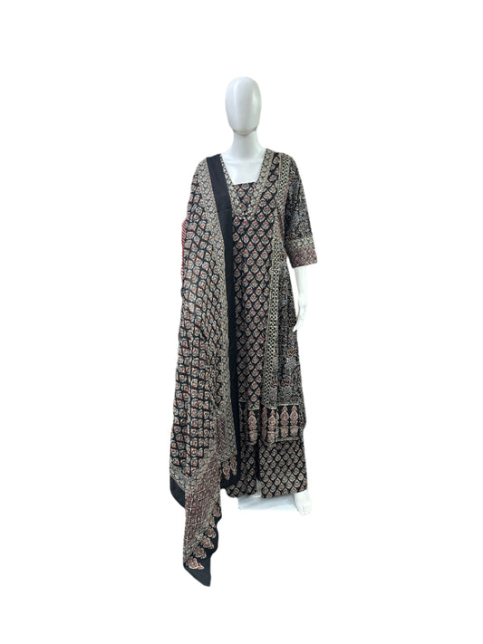 Cotton 3-Piece Set - Traditional Ajrakh Print A-Line Top, Palazzo Pants & Dupatta - Classic Black