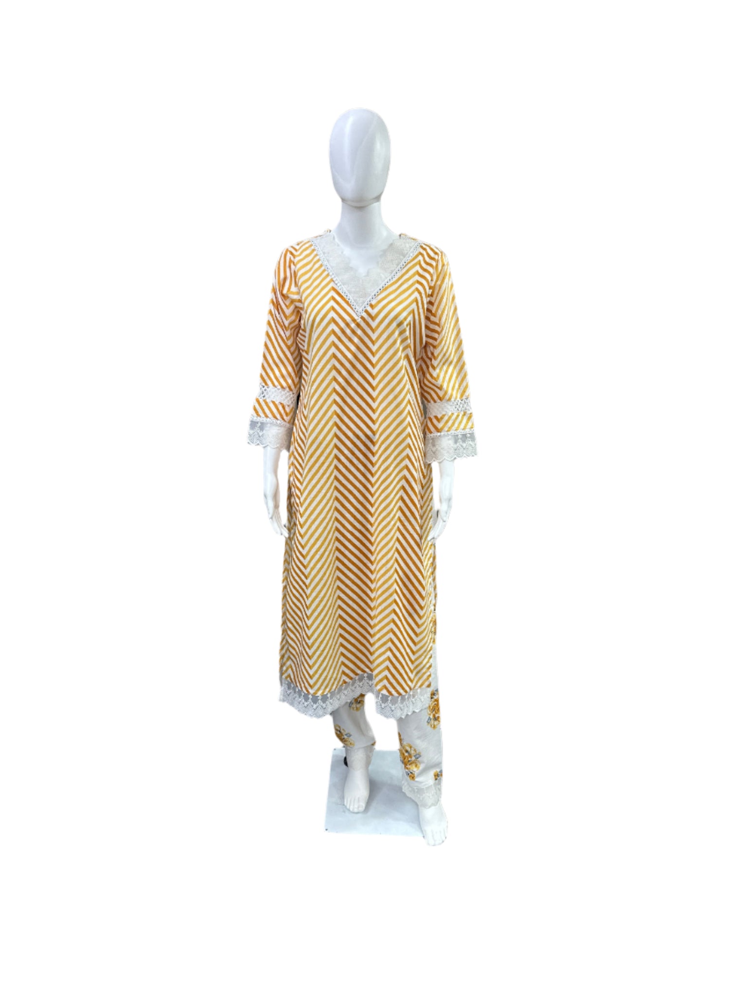 Cotton 3-Piece Set - Zig Zag Pattern Long Top with Lace on Yoke & Sleeves, Floral Straight Pants with Lace Bottom & Printed Dupatta - Sunny Yellow