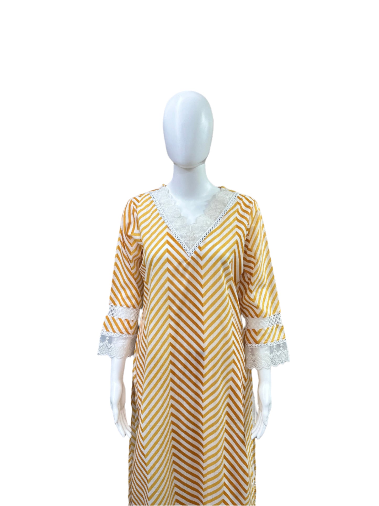 Cotton 3-Piece Set - Zig Zag Pattern Long Top with Lace on Yoke & Sleeves, Floral Straight Pants with Lace Bottom & Printed Dupatta - Sunny Yellow