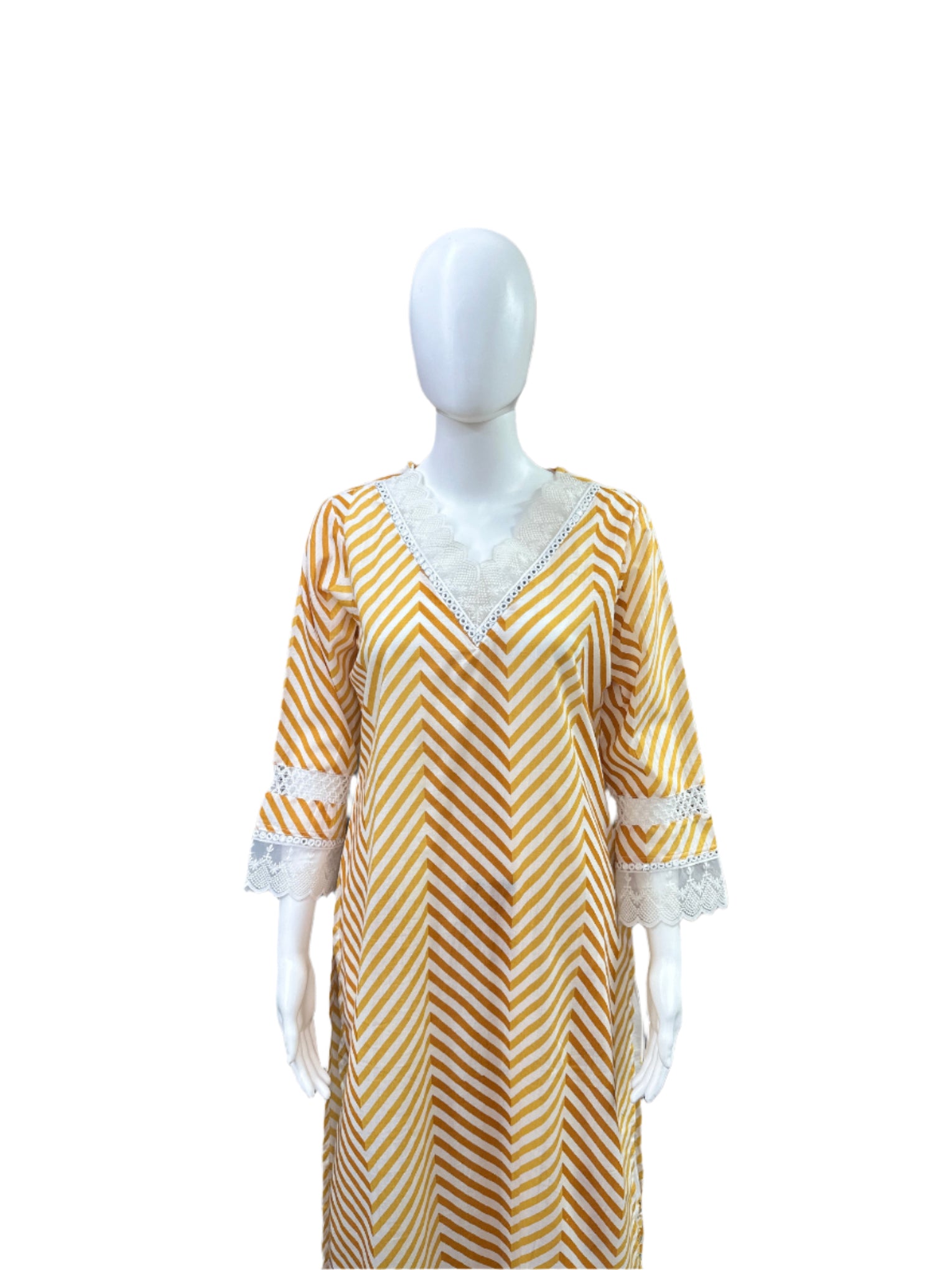 Cotton 3-Piece Set - Zig Zag Pattern Long Top with Lace on Yoke & Sleeves, Floral Straight Pants with Lace Bottom & Printed Dupatta - Sunny Yellow