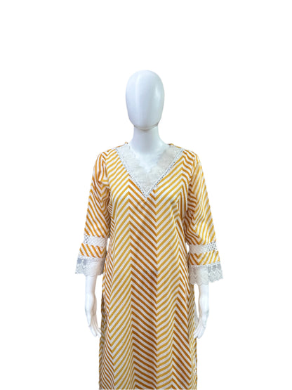 Cotton 3-Piece Set - Zig Zag Pattern Long Top with Lace on Yoke & Sleeves, Floral Straight Pants with Lace Bottom & Printed Dupatta - Sunny Yellow