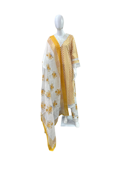 Cotton 3-Piece Set - Zig Zag Pattern Long Top with Lace on Yoke & Sleeves, Floral Straight Pants with Lace Bottom & Printed Dupatta - Sunny Yellow