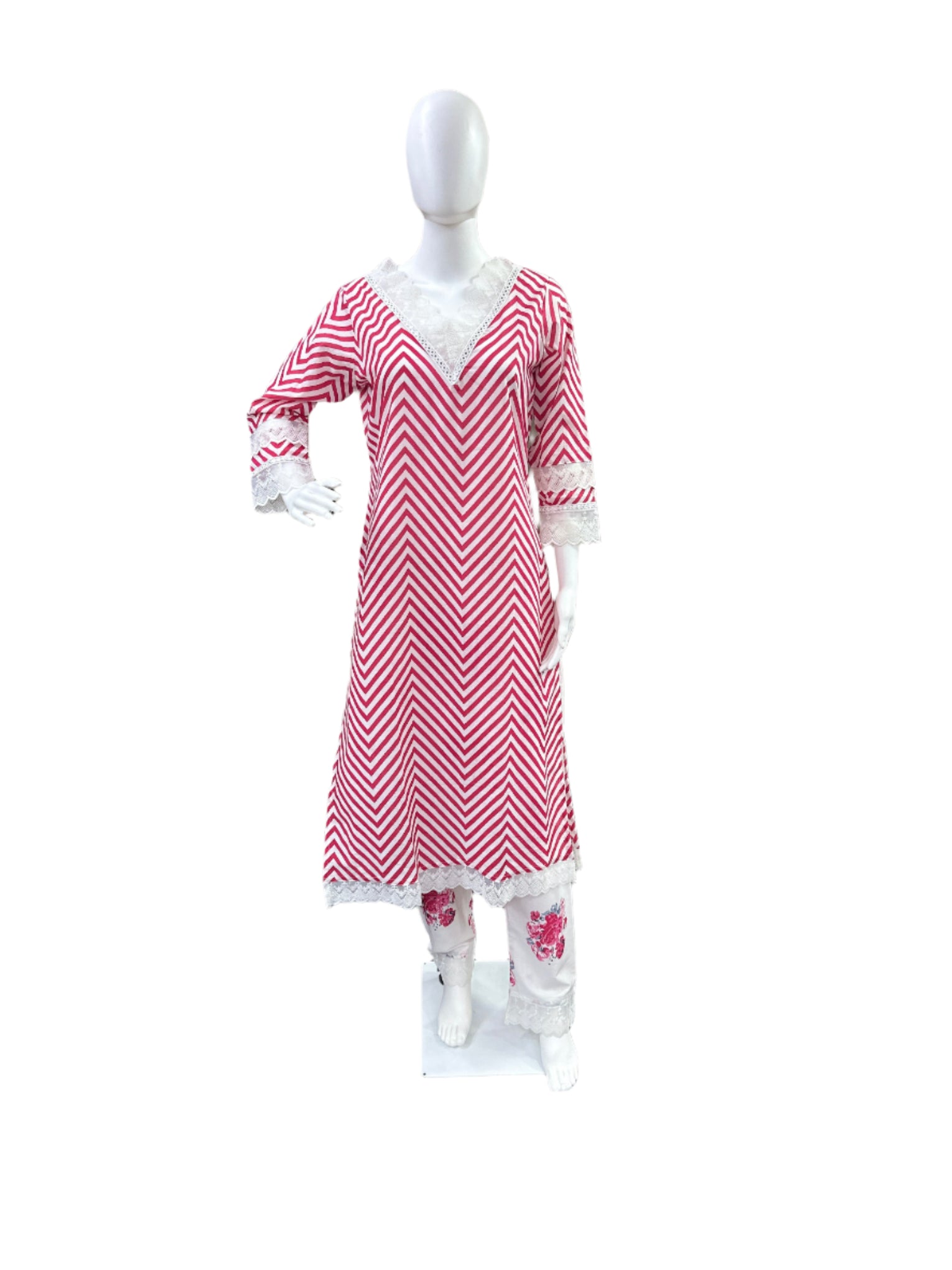 Cotton 3-Piece Set - Zig Zag Pattern Long Top with Lace on Yoke & Sleeves, Floral Straight Pants with Lace Bottom & Printed Dupatta - Feminine Pink